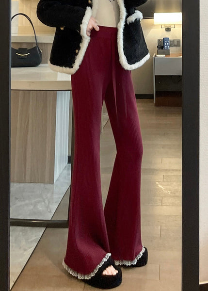 Fashion Red Drawstring Lace Patchwork Knit Flared Trousers Spring TN028 ABC