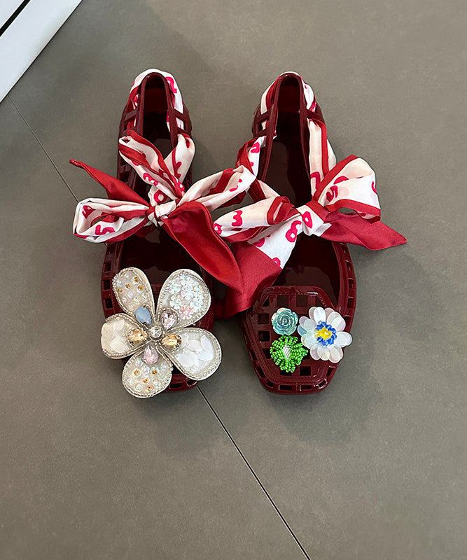 Red Flower Flats Square Out Shoes Fashion Toe Hollow FashionChic