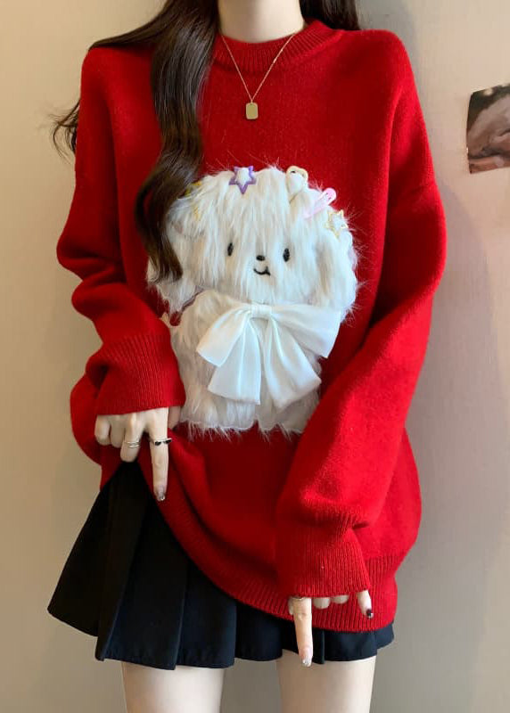 Fashion Red O Neck Dogs Loose Knit Sweaters Spring TN032 ABC