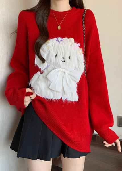Fashion Red O Neck Dogs Loose Knit Sweaters Spring TN032 ABC