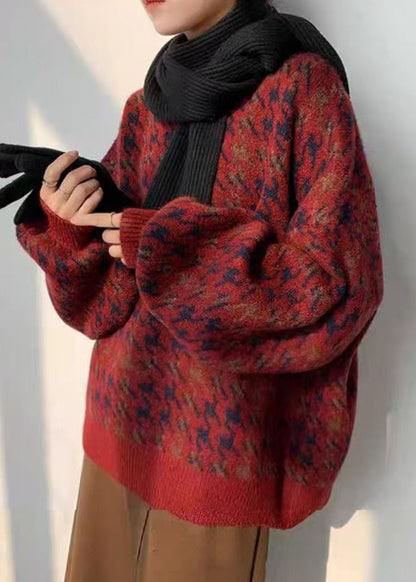 Fashion Red O Neck Print Loose Knit Sweater Spring TD033