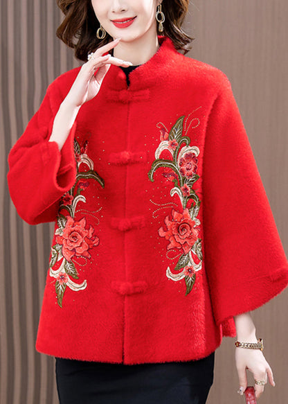 Fashion Red Print Patchwork Mink Velvet Woolen Coat Spring TA022