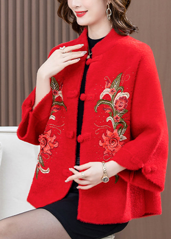 Fashion Red Print Patchwork Mink Velvet Woolen Coat Spring TA022