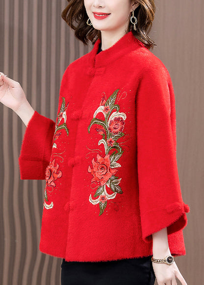 Fashion Red Print Patchwork Mink Velvet Woolen Coat Spring TA022