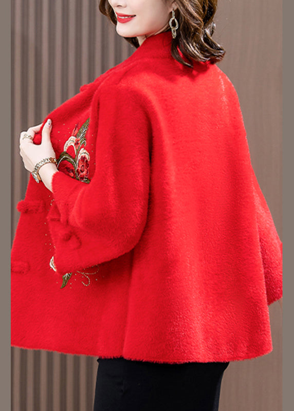 Fashion Red Print Patchwork Mink Velvet Woolen Coat Spring TA022