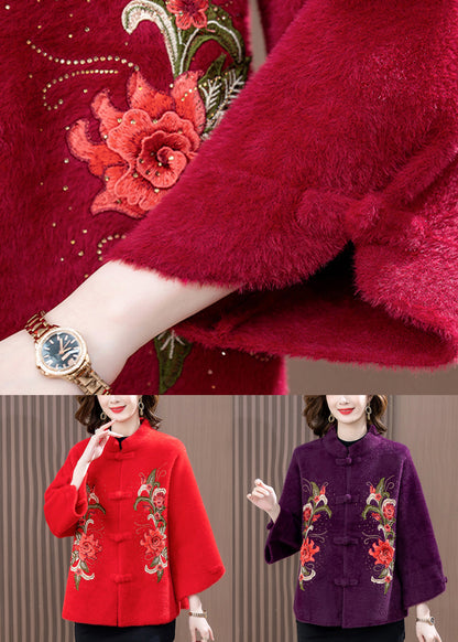 Fashion Red Print Patchwork Mink Velvet Woolen Coat Spring TA022