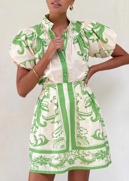 Pieces Red Fashion Stand Collar And Set Print Shirts Two Skirts FashionChic