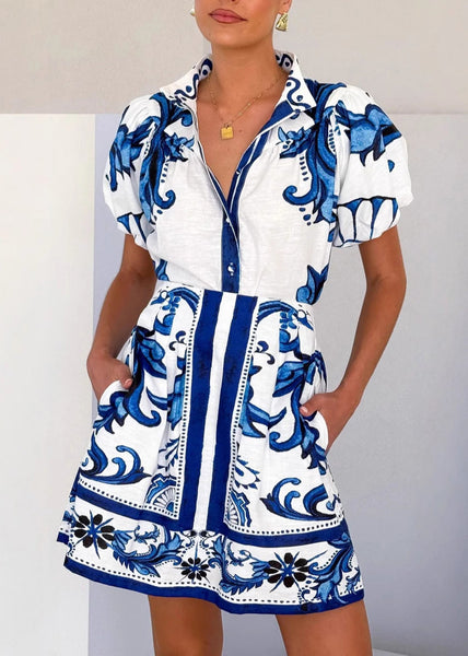 Pieces Red Fashion Stand Collar And Set Print Shirts Two Skirts FashionChic