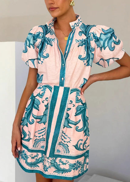 Pieces Red Fashion Stand Collar And Set Print Shirts Two Skirts FashionChic