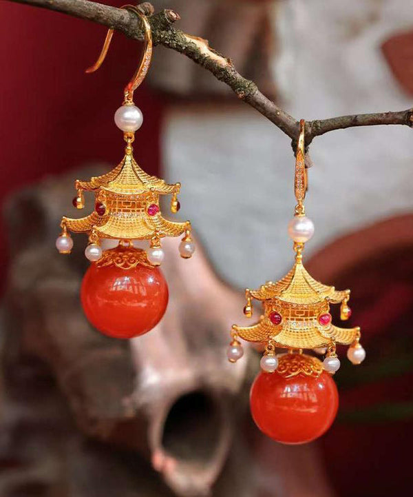 Fashion Red Sterling Silver Overgild Agate Pearl Pavilion Drop Earrings GH1080