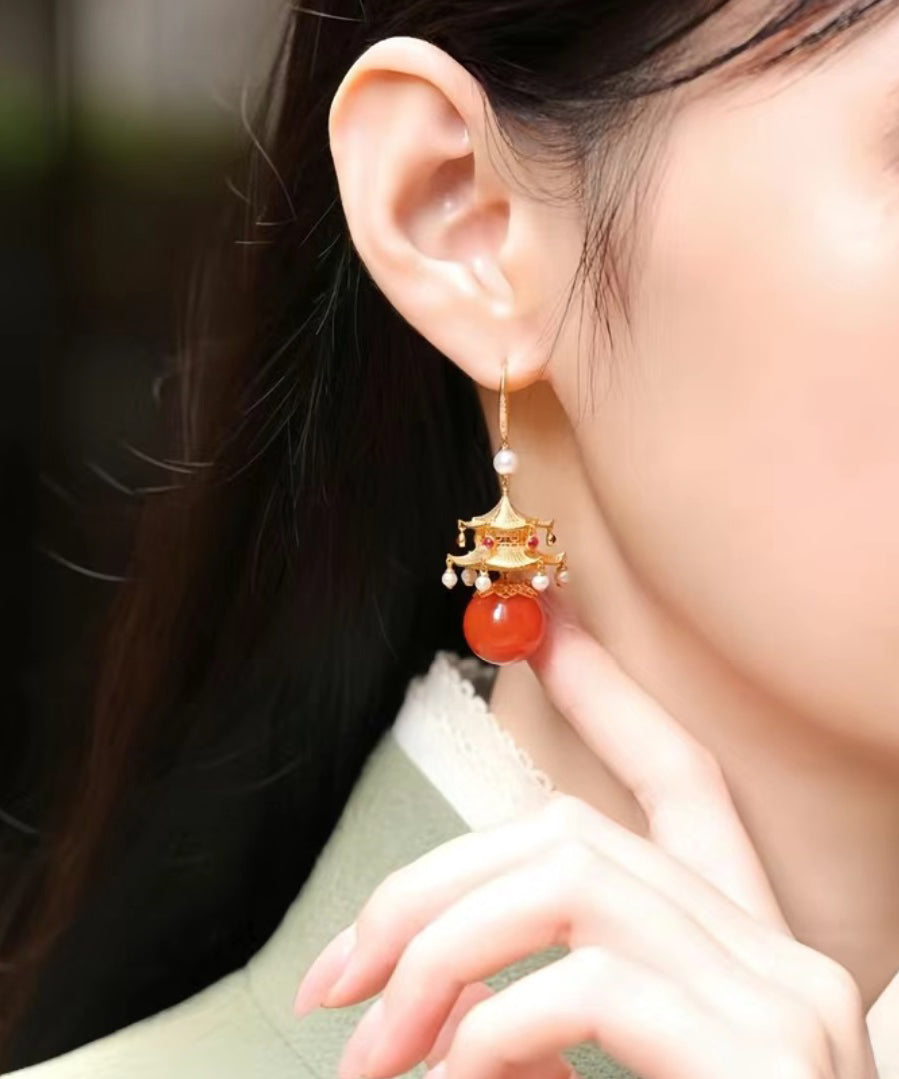 Fashion Red Sterling Silver Overgild Agate Pearl Pavilion Drop Earrings GH1080 Ada Fashion