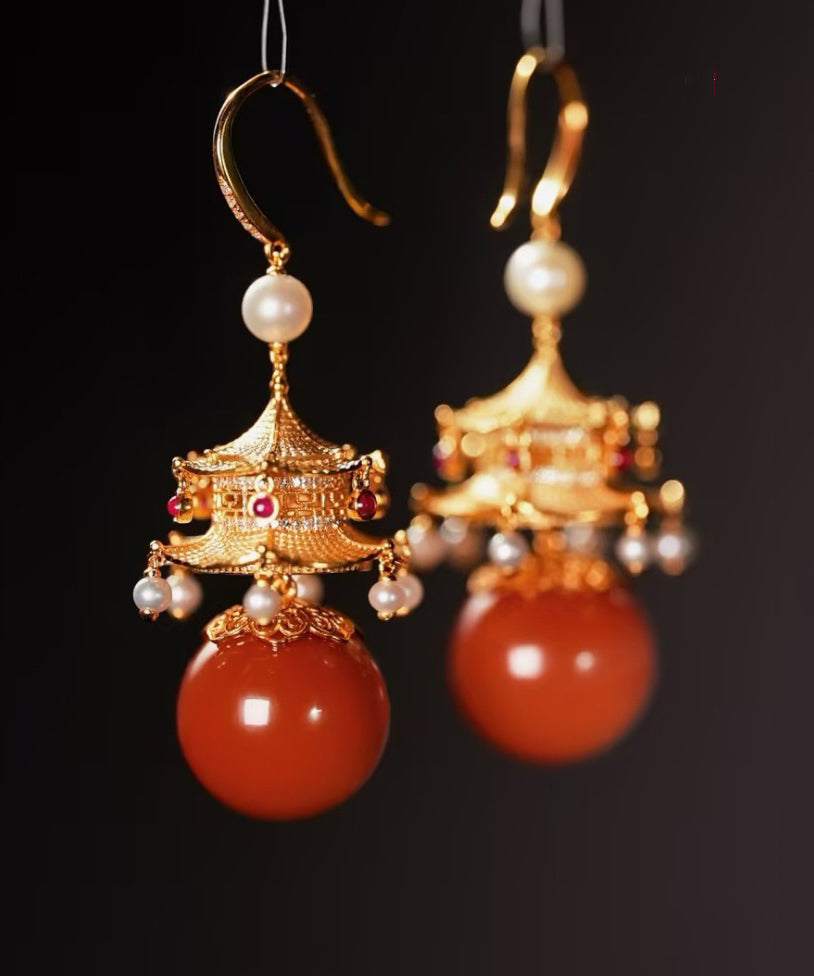 Fashion Red Sterling Silver Overgild Agate Pearl Pavilion Drop Earrings GH1080 Ada Fashion