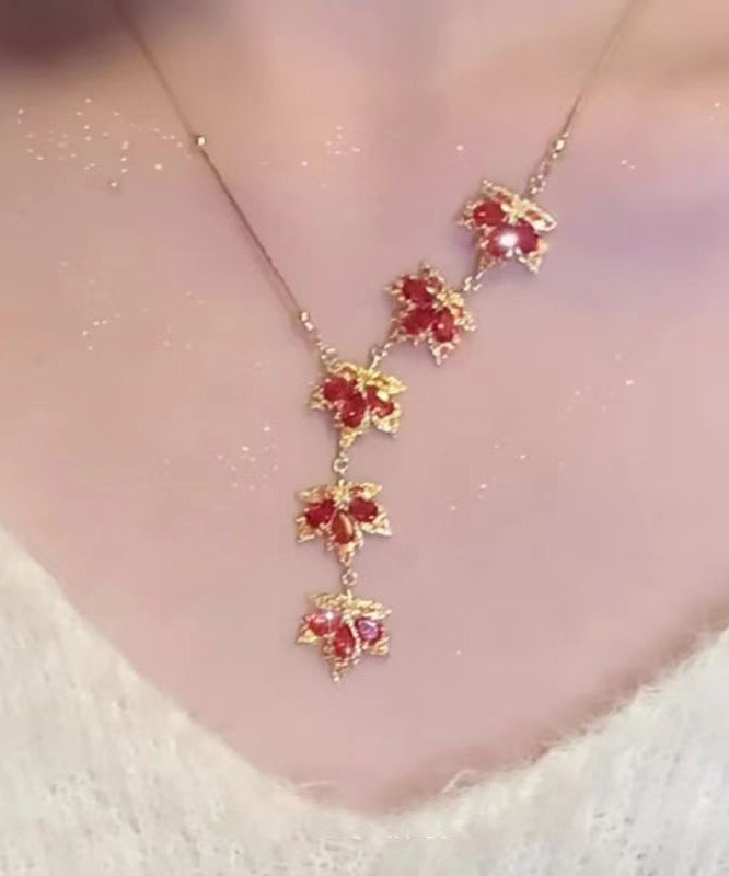 Fashion Red Sterling Silver Overgild Maple Leaf Pendant Necklace RA031 ABC