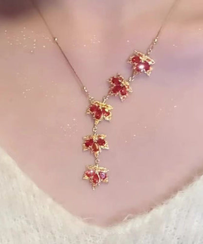 Fashion Red Sterling Silver Overgild Maple Leaf Pendant Necklace RA031 ABC