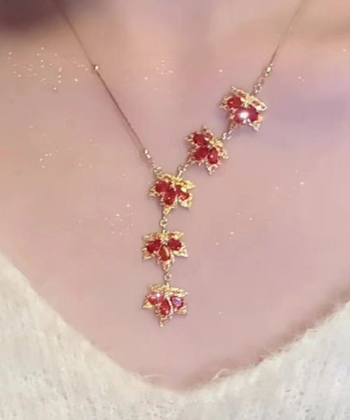 Fashion Red Sterling Silver Overgild Maple Leaf Pendant Necklace RA031 ABC