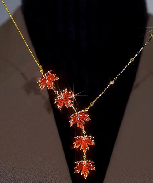 Fashion Red Sterling Silver Overgild Maple Leaf Pendant Necklace RA031 ABC