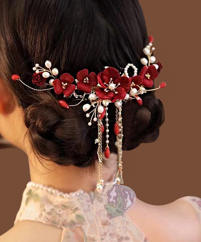 Fashion Red Sterling Silver Overgild Pearl Floral Tassel Hairpin AB1070 Genistyle Shop