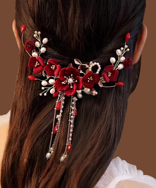 Fashion Red Sterling Silver Overgild Pearl Floral Tassel Hairpin AB1070 Genistyle Shop