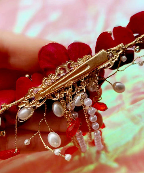 Fashion Red Sterling Silver Overgild Pearl Floral Tassel Hairpin AB1070 Genistyle Shop