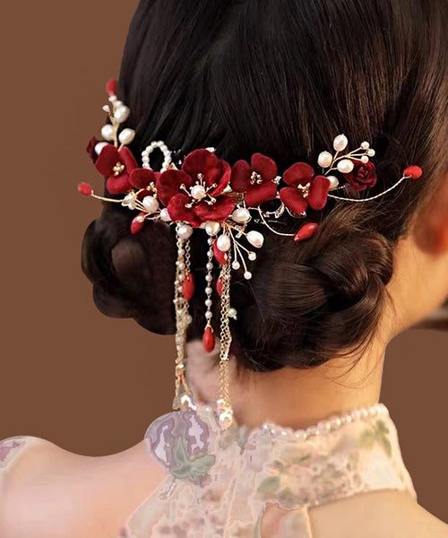 Fashion Red Sterling Silver Overgild Pearl Floral Tassel Hairpin AB1070 Genistyle Shop