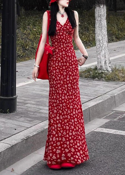 Sleeveless Fashion Neck Maxi Red Dress Print V FashionChic
