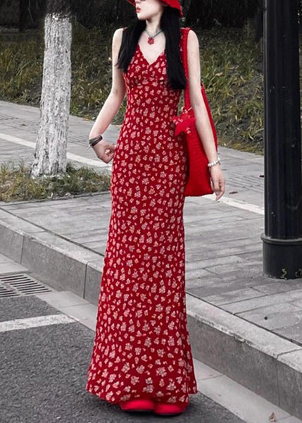 Sleeveless Fashion Neck Maxi Red Dress Print V FashionChic