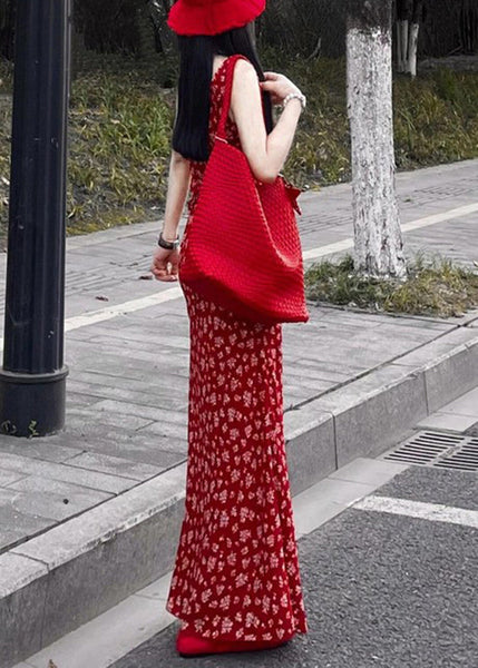 Sleeveless Fashion Neck Maxi Red Dress Print V FashionChic