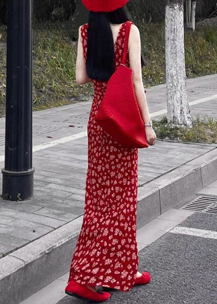 Sleeveless Fashion Neck Maxi Red Dress Print V FashionChic