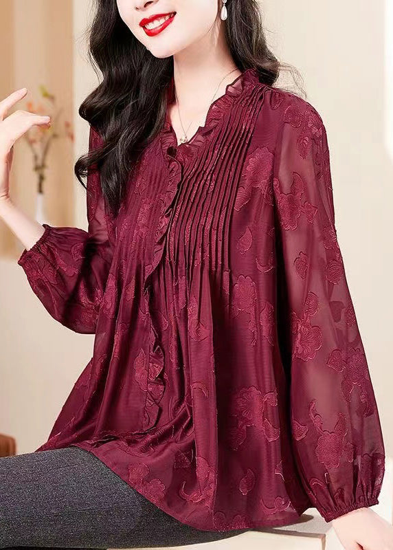 Fashion Red V Neck Ruffled Chiffon Shirt Long Sleeve OP1065 Ada Fashion