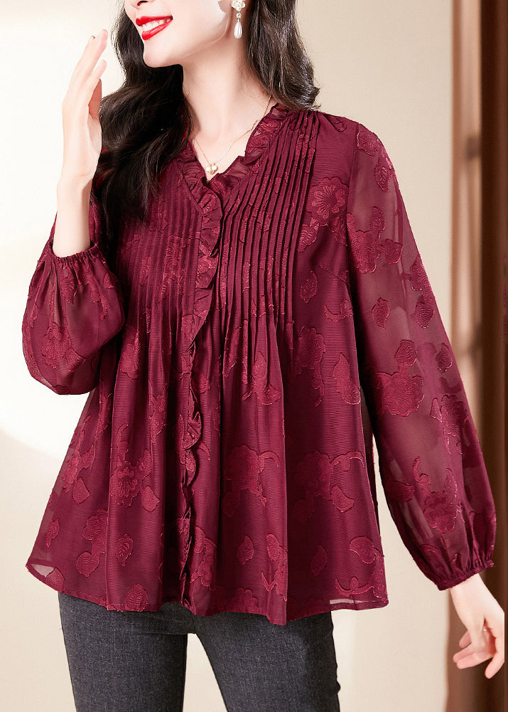 Fashion Red V Neck Ruffled Chiffon Shirt Long Sleeve OP1065 Ada Fashion