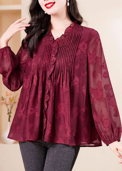 Fashion Red V Neck Ruffled Chiffon Shirt Long Sleeve OP1065 Ada Fashion