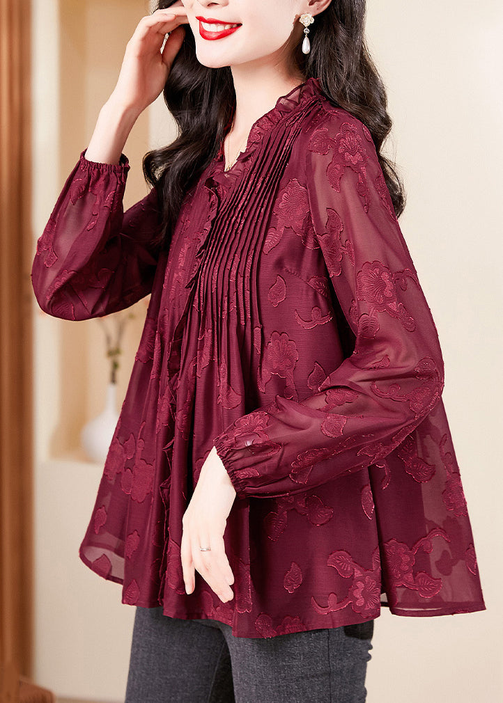 Fashion Red V Neck Ruffled Chiffon Shirt Long Sleeve OP1065 Ada Fashion