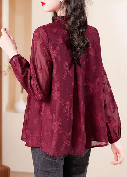 Fashion Red V Neck Ruffled Chiffon Shirt Long Sleeve OP1065 Ada Fashion