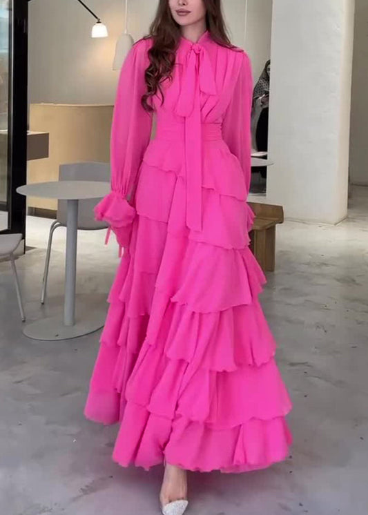 Fashion Rose Bow Ruffled Patchwork Chiffon Long Dress Fall WO059 OM-ZS241108