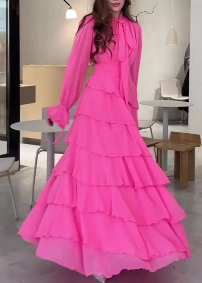 Fashion Rose Bow Ruffled Patchwork Chiffon Long Dress Fall WO059 OM-ZS241108