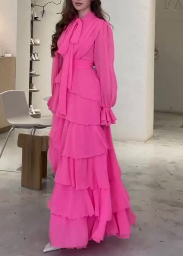 Fashion Rose Bow Ruffled Patchwork Chiffon Long Dress Fall WO059 OM-ZS241108