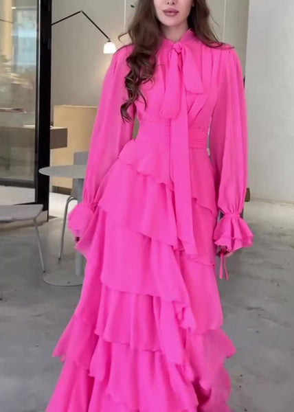 Fashion Rose Bow Ruffled Patchwork Chiffon Long Dress Fall WO059 OM-ZS241108