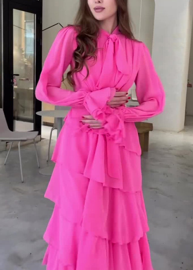 Fashion Rose Bow Ruffled Patchwork Chiffon Long Dress Fall WO059 OM-ZS241108