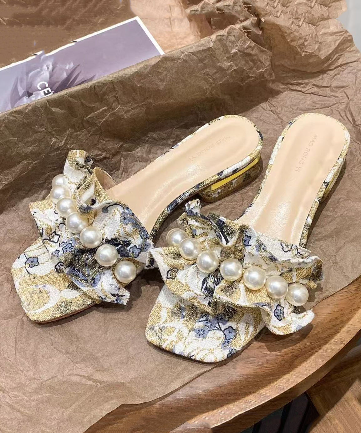 Toe Ruffled Peep Chunky Sandals Slide Pearl Fashion FashionChic