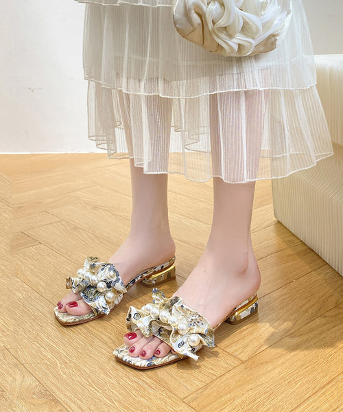 Toe Ruffled Peep Chunky Sandals Slide Pearl Fashion FashionChic