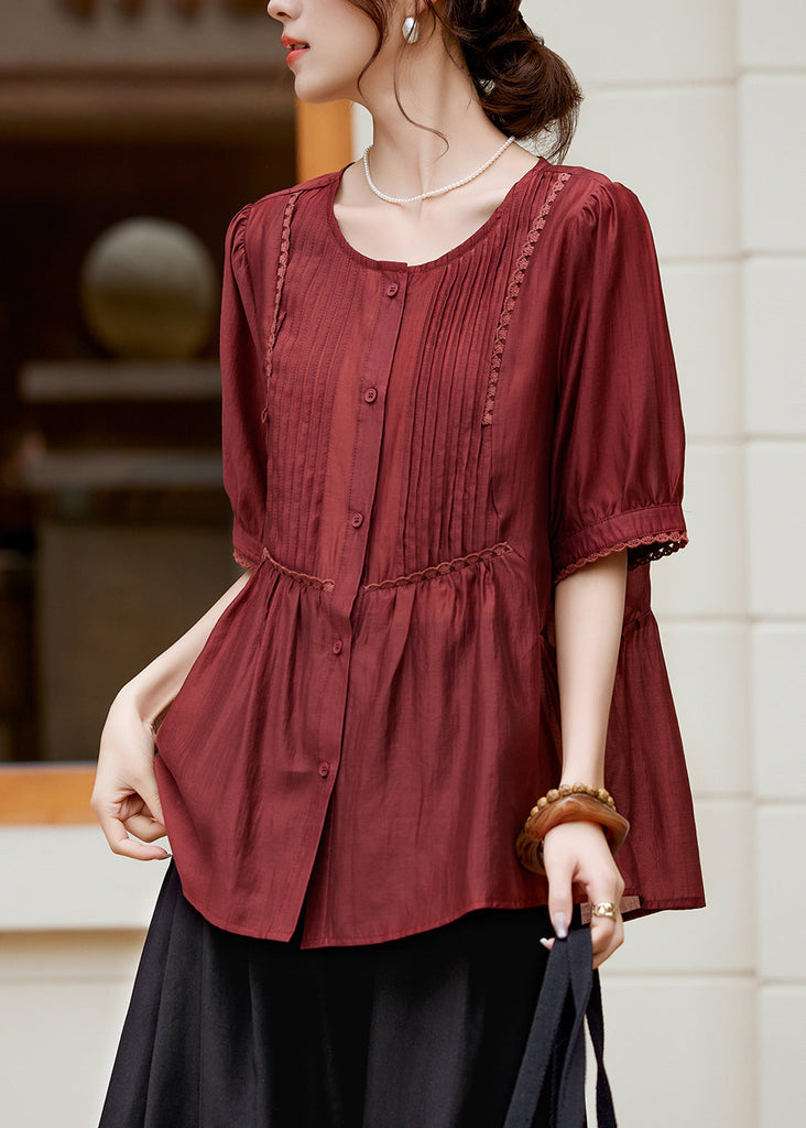 Fashion Rust Lace Patchwork Button Silk Shirt Summer WW048 OL-STP240812