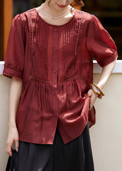 Fashion Rust Lace Patchwork Button Silk Shirt Summer WW048 OL-STP240812