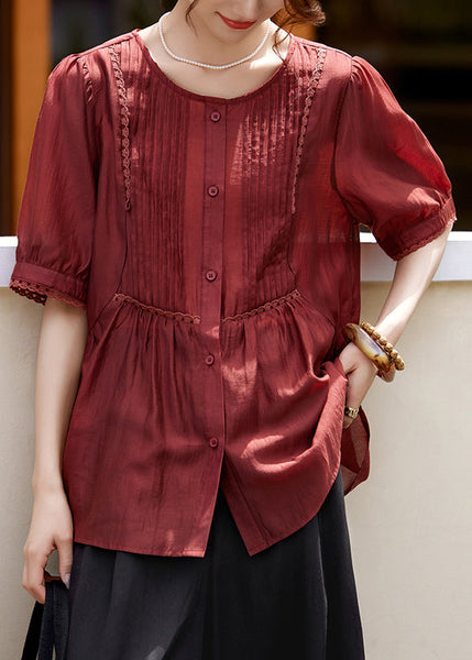 Fashion Rust Lace Patchwork Button Silk Shirt Summer WW048 OL-STP240812