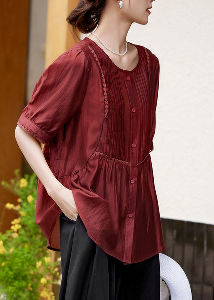 Fashion Rust Lace Patchwork Button Silk Shirt Summer WW048 OL-STP240812