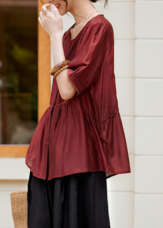 Fashion Rust Lace Patchwork Button Silk Shirt Summer WW048 OL-STP240812