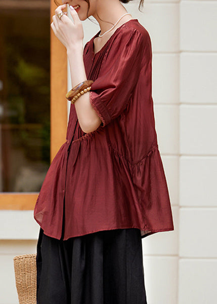 Fashion Rust Lace Patchwork Button Silk Shirt Summer WW048 OL-STP240812