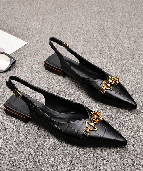 Black Fashion Cowhide Sandals Leather Splicing Sequined Pointed FashionChic