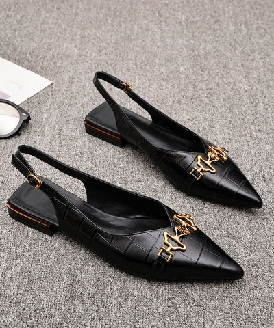 Black Fashion Cowhide Sandals Leather Splicing Sequined Pointed FashionChic