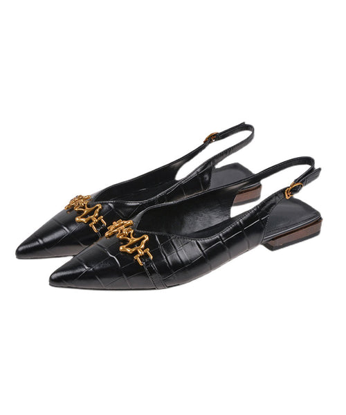 Black Fashion Cowhide Sandals Leather Splicing Sequined Pointed FashionChic