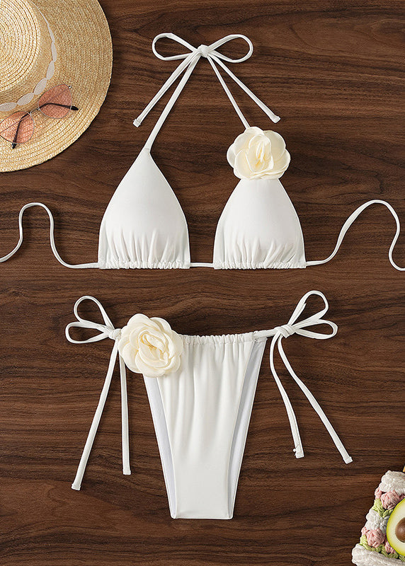 Fashion Sexy White Floral Lace Up Bikini Swimsuit Set VC020 WM-Beach-QQT240615